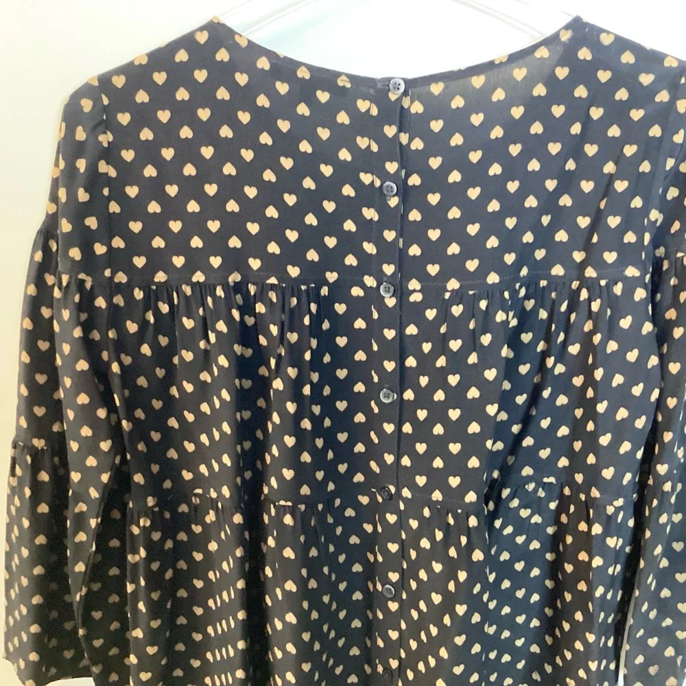 Madewell Silk Tiered Button Back Heart Print Top - Black - S - Picture 6 of 8